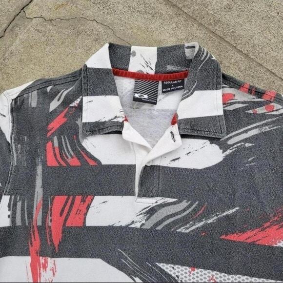 Vtg 90s Y2k Rare OAKLEY Abstract Wave Splash Stripe All Over Print Polo Shirt L - Picture 2 of 4